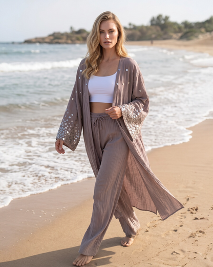 Hand-Embellished Shell-Button Textured Set - Mauve Taupe