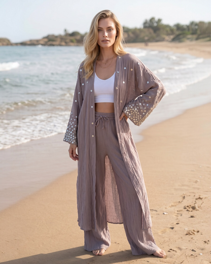 Hand-Embellished Shell-Button Textured Set - Mauve Taupe