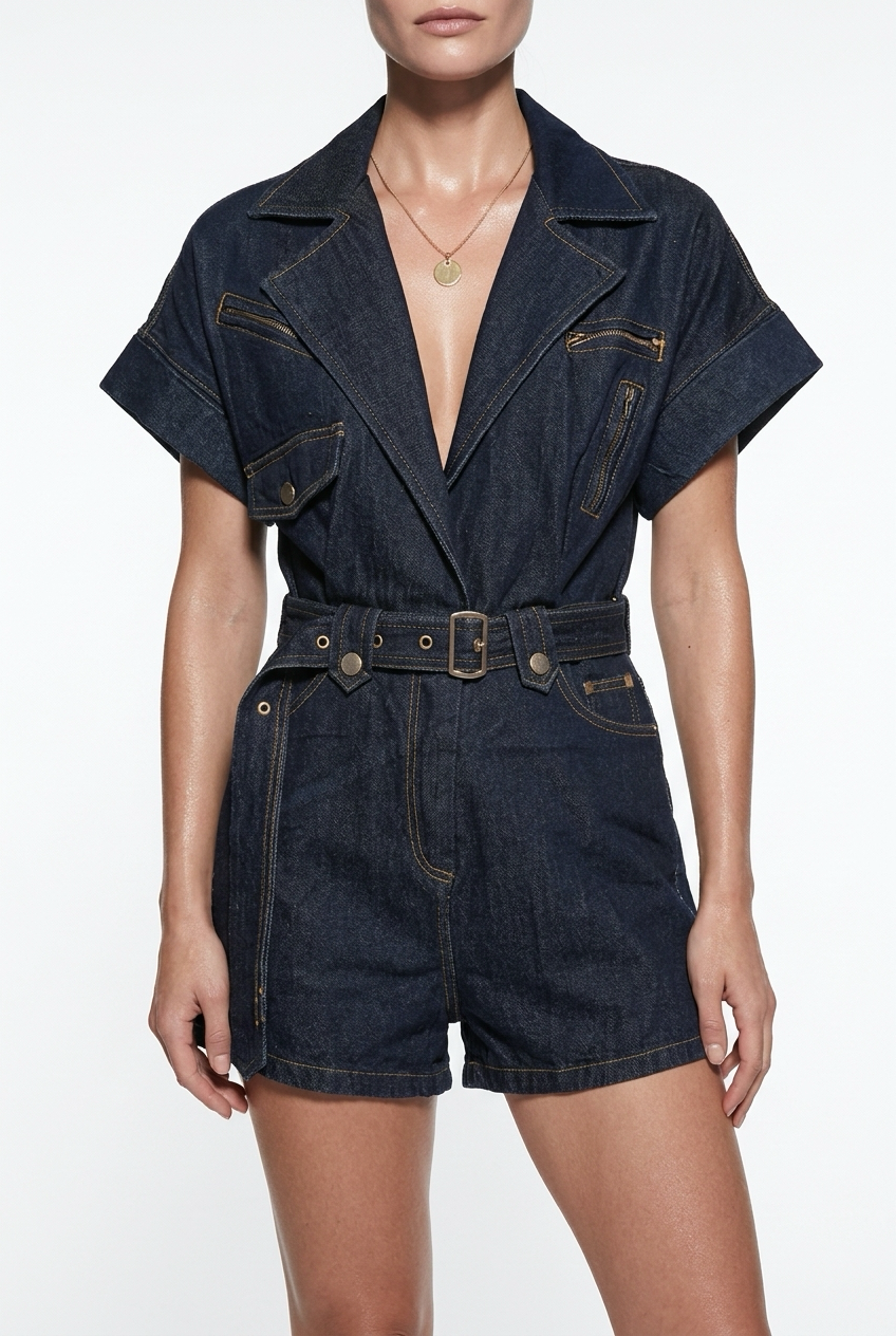 Belted Denim Romper