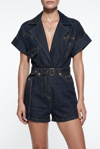 Belted Denim Romper