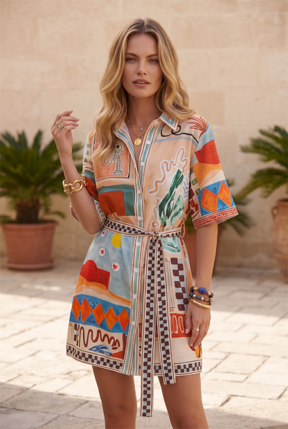 Printed Linen Blend Shirt Dress
