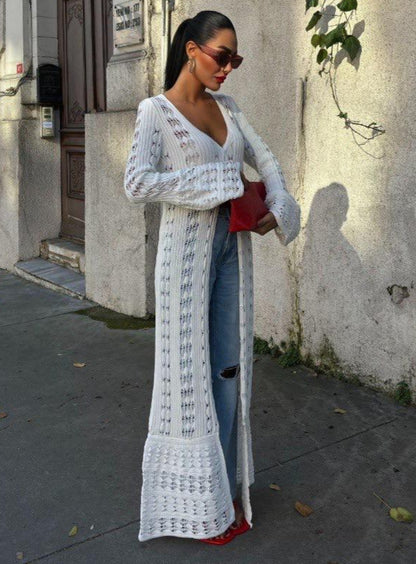 White Open-Knit Maxi Cardigan
