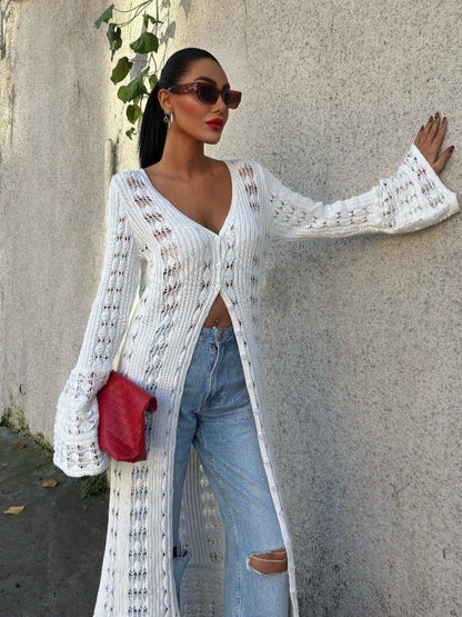 White Open-Knit Maxi Cardigan