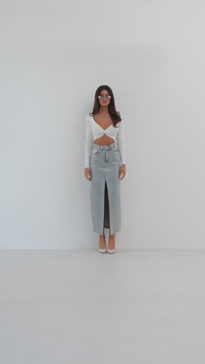 Shiny Denim Midi Skirt with Front Slit